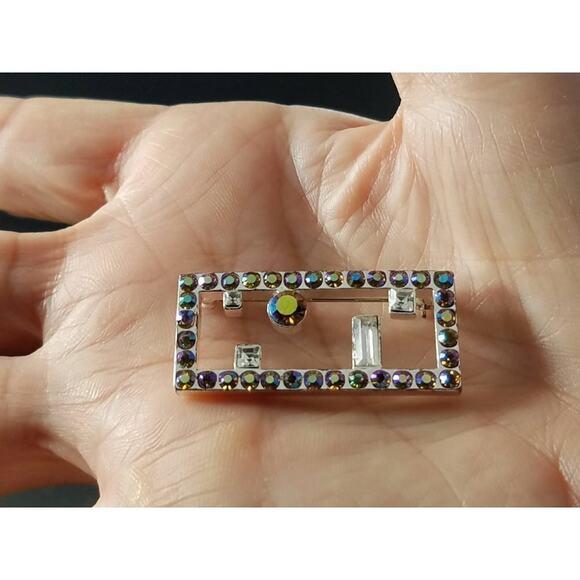 Vintage Givenchy Aurora Borealis Rhinestones Brooch, AB Rhinestones, 1 1/2 Inch - Picture 9 of 9